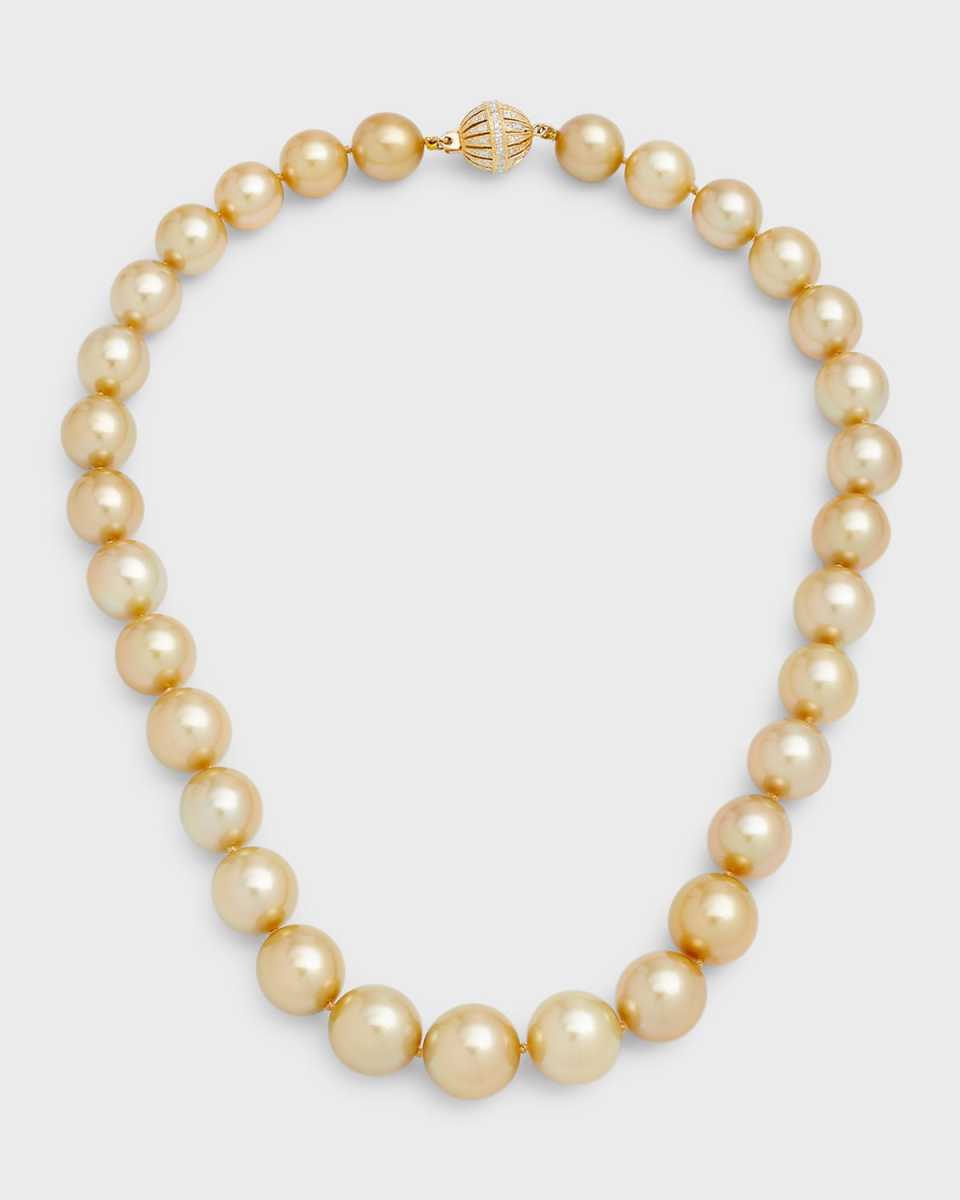 18K Yellow Gold Golden Pearl Necklace with Diamond Clasp, 18"L