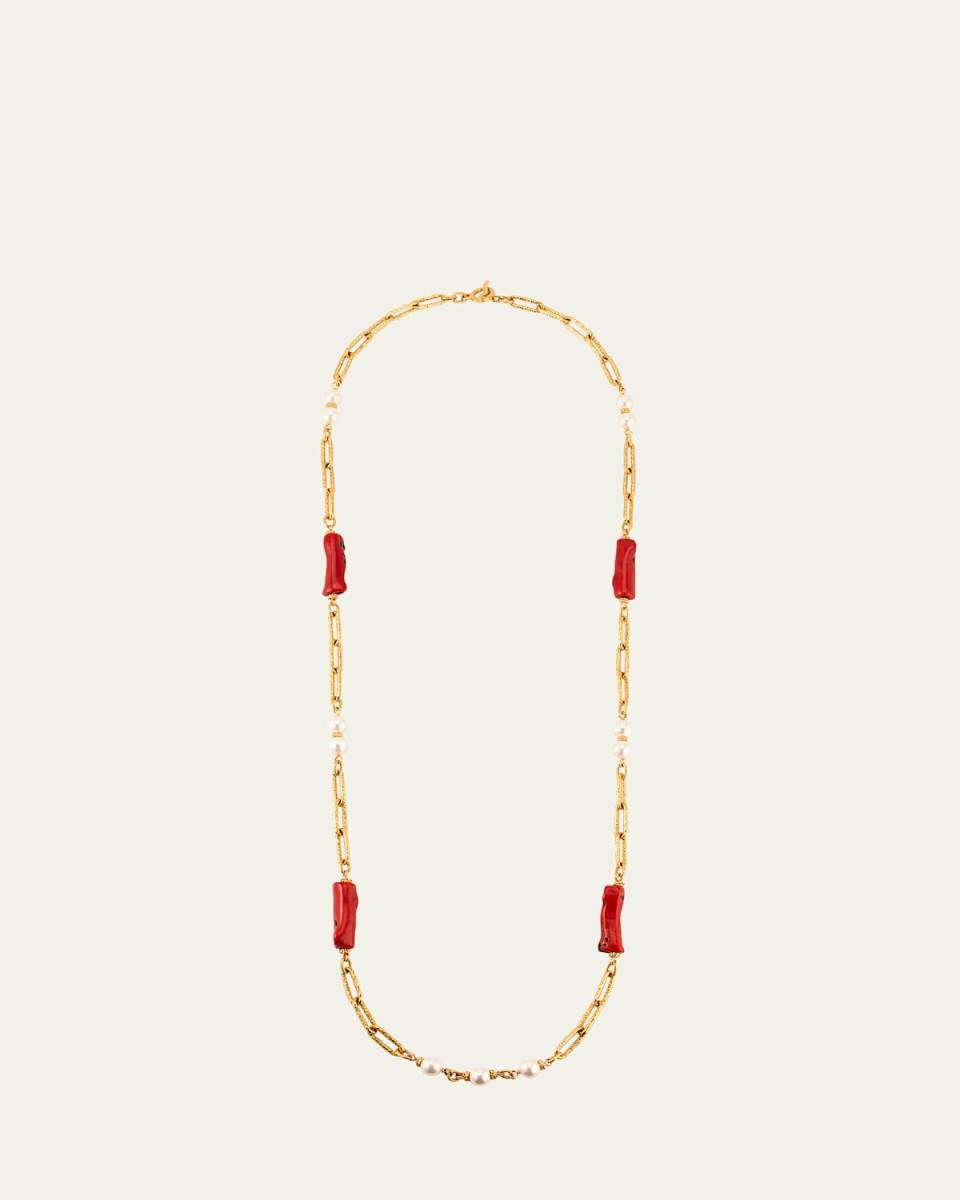 Long Chain Necklace with Coral Stones and Pearly Beads