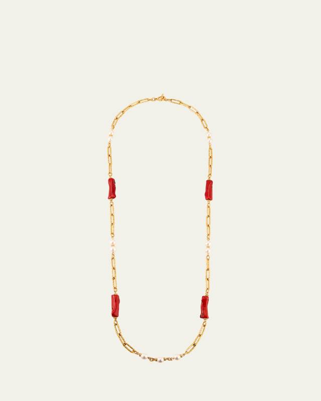 Long Chain Necklace with Coral Stones and Pearly Beads