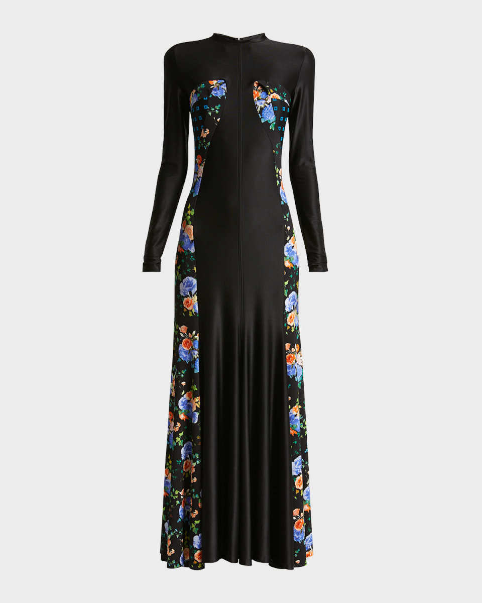 Floral Paneled Long-Sleeve Maxi Dress