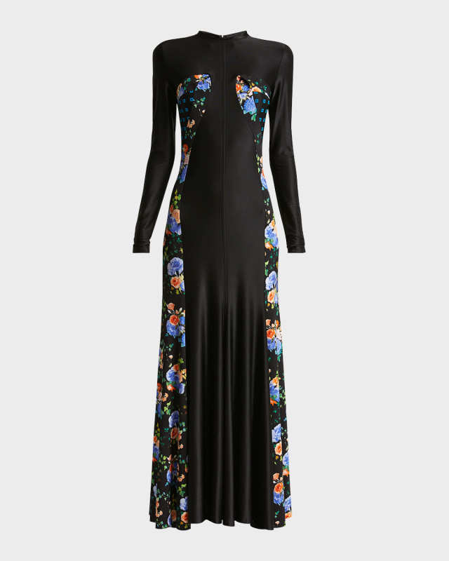 Floral Paneled Long-Sleeve Maxi Dress