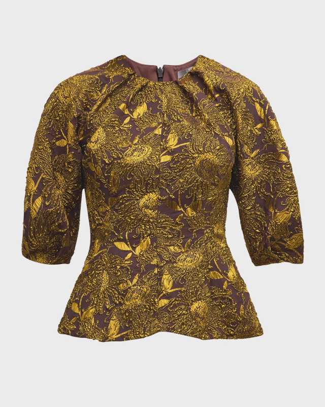Metallic Brocade Puff-Sleeve Peplum Top