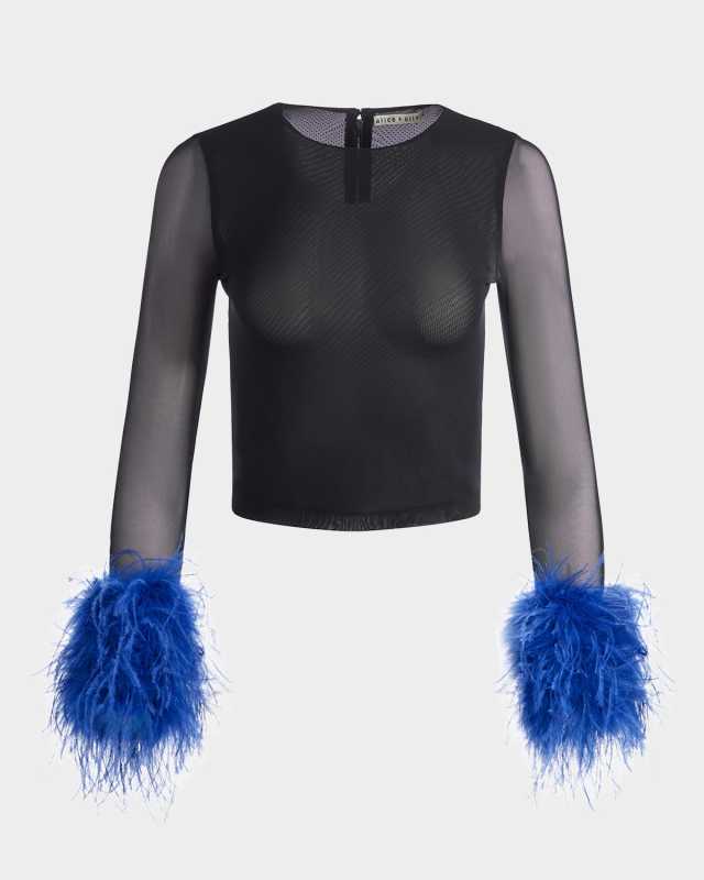 Delaina Long-Sleeve Mesh Feather Cuff Top