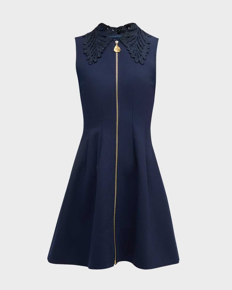 Embroidered Fern-Collar Sleeveless Zip-Front Mini Dress