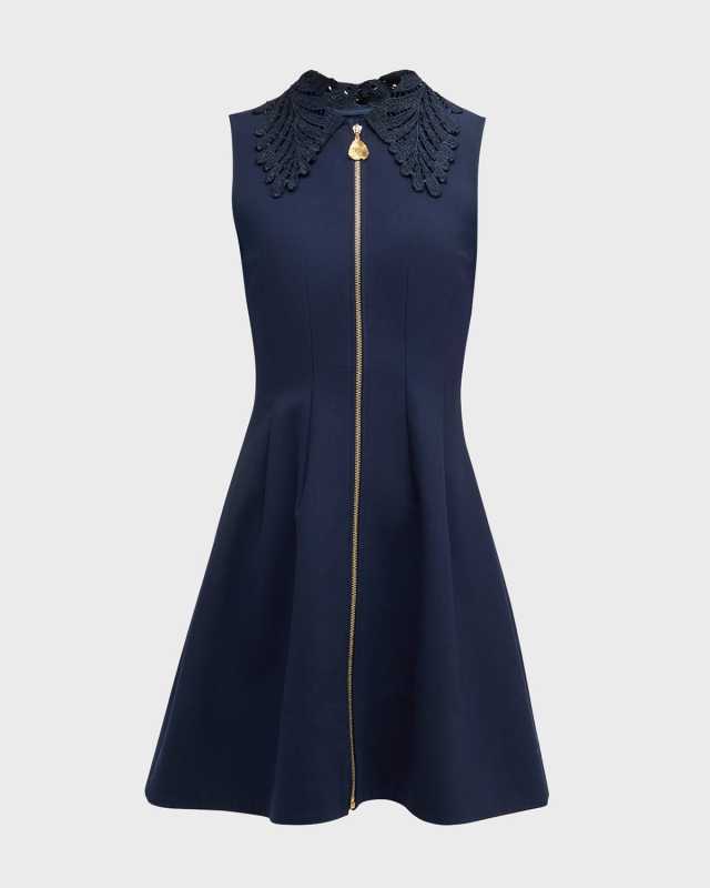 Embroidered Fern-Collar Sleeveless Zip-Front Mini Dress