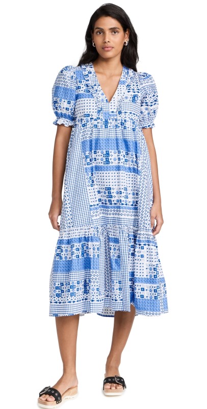 English Factory Geometric Print Tiered Midi Dress Blue