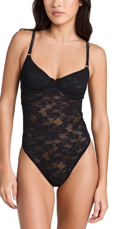 Fleur du Mal Le Stretch Multifit Lace Thong Bodysuit Black