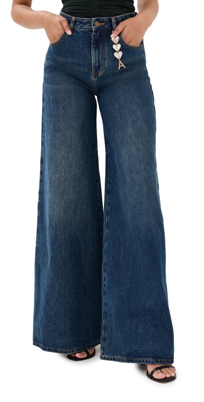 AREA Crystal Heart Charm Wide Leg Jeans Dark Medium Wash