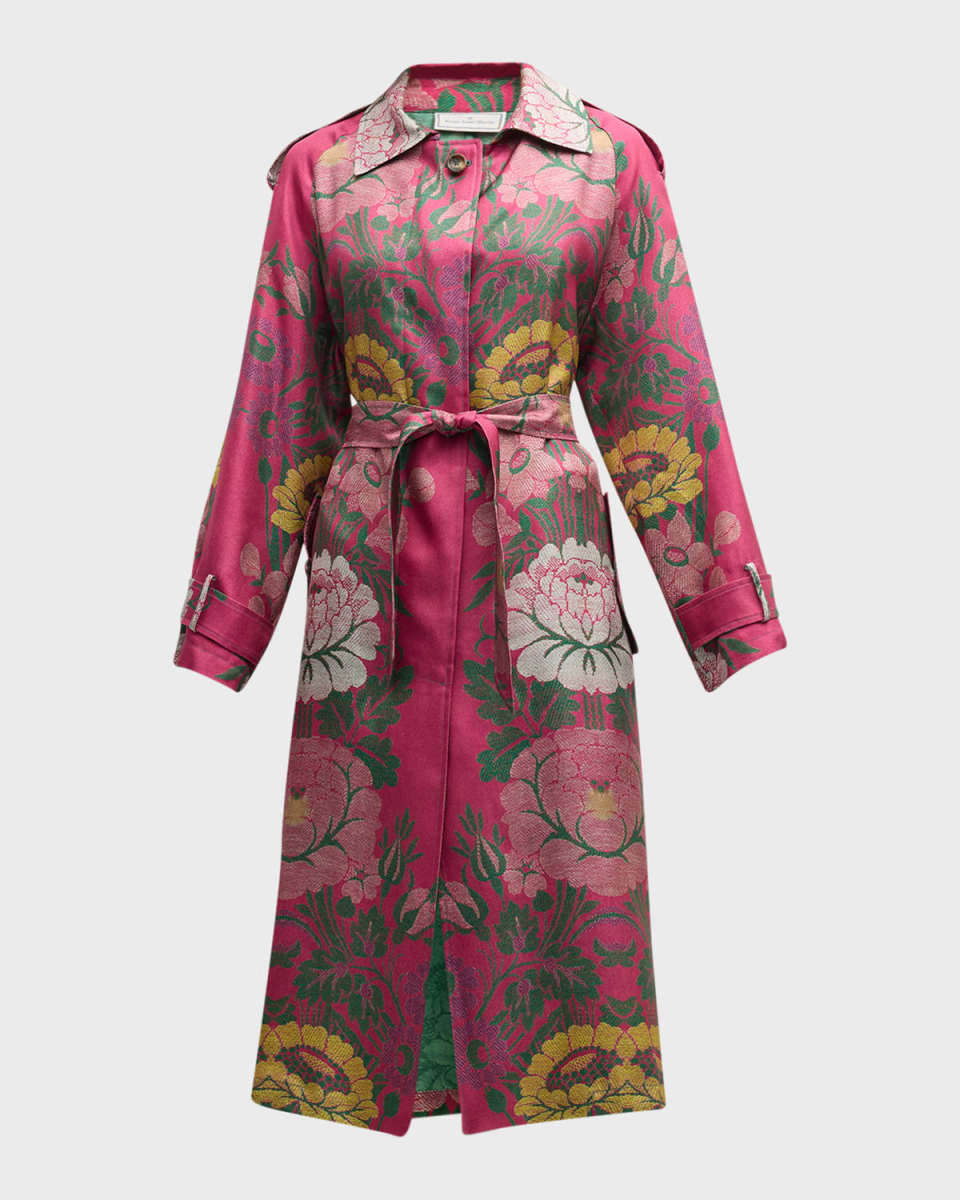 Floral-Print Silk Wrap Trench Coat