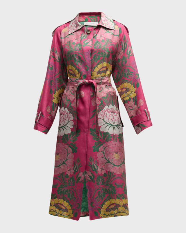 Floral-Print Silk Wrap Trench Coat