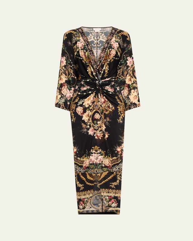 Long Split Front-Twist Floral Midi Dress