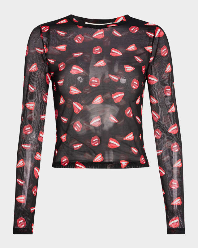 Lip Sync Delaina Long-Sleeve Mesh Cropped Top
