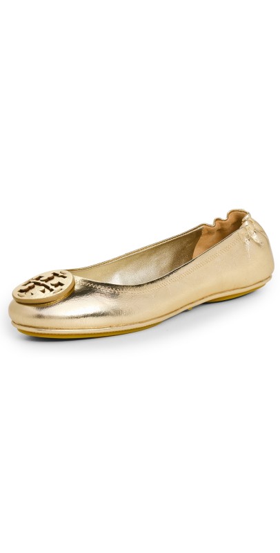Tory Burch Minnie Travel Ballet Flats with Leather Logo Spark Gold
