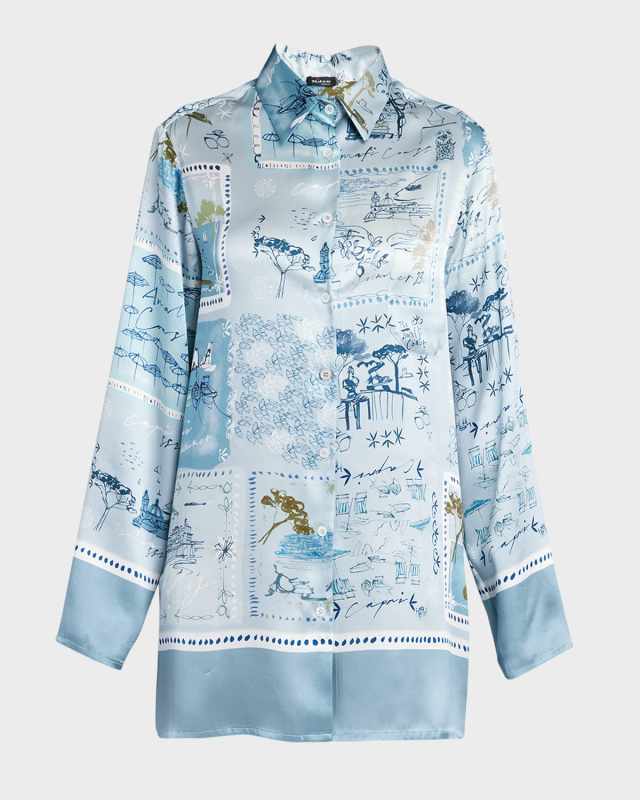 Capri-Print Long-Sleeve Silk Collared Shirt