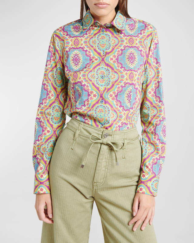 Medallion-Print Long-Sleeved Cotton Collared Shirt