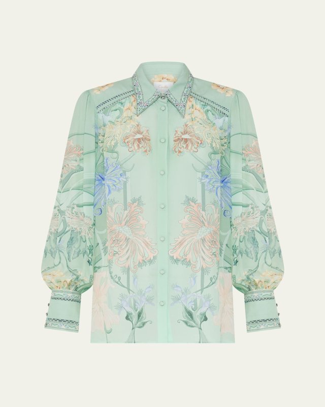 Floral Silk Button-Front Blouson-Sleeve Blouse