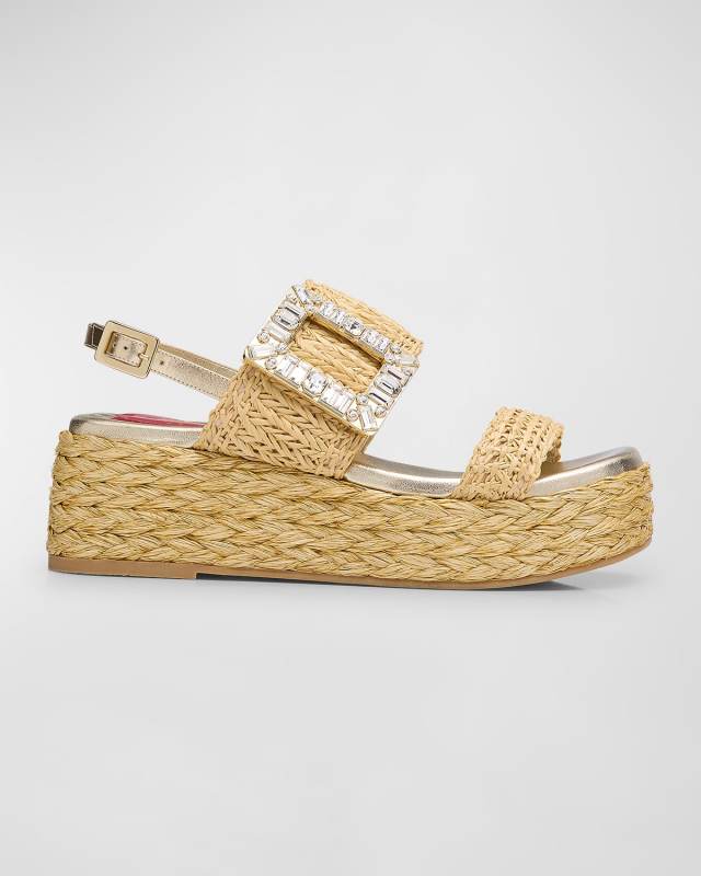 Raffia Crystal Buckle Platform Sandals
