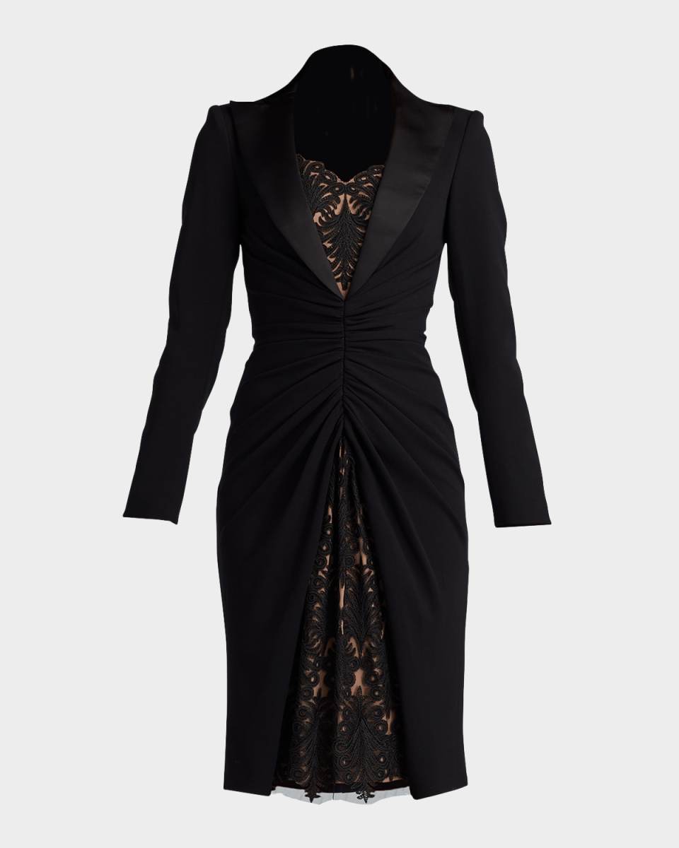 Pleated Corded Lace and Crepe Bodycon Dress