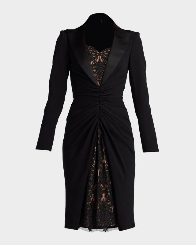 Pleated Corded Lace and Crepe Bodycon Dress