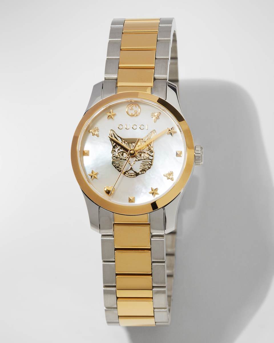 27mm G-Timeless Bracelet Watch w/ Feline, White Mother-of-Pearl