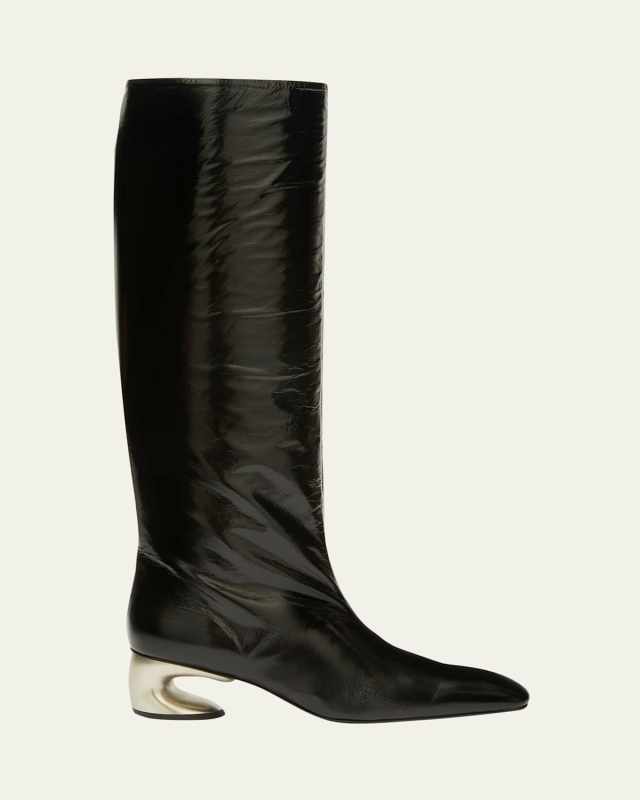 Crinkle Leather Knee Boots