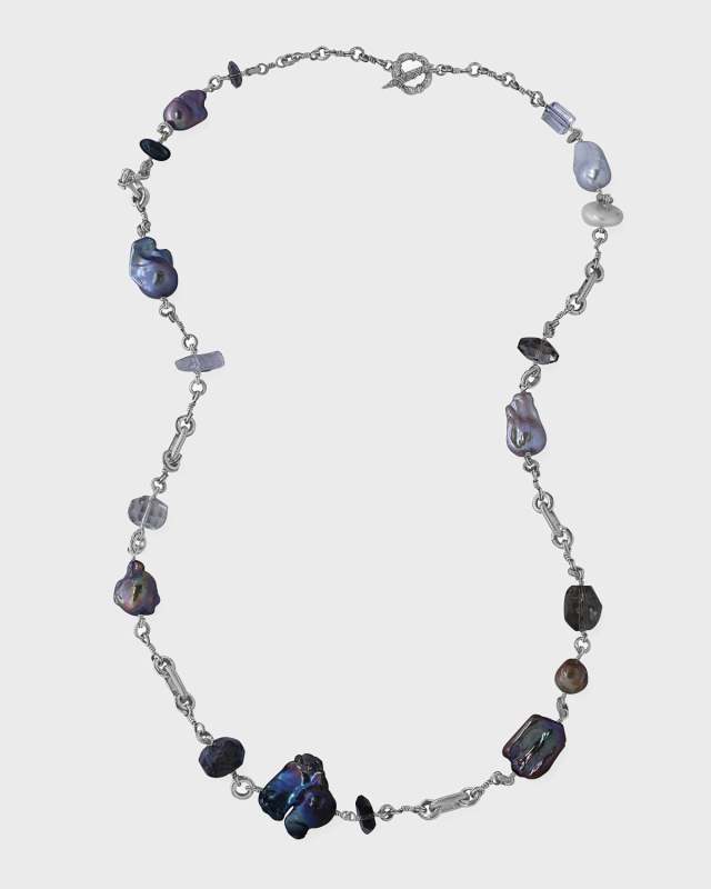 Labradorite, Agate, Quartz and Pearl Chain Necklace, 39"L