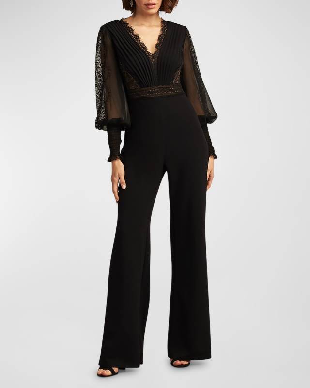 Pleated Lace-Inset Crepe Jumpsuit