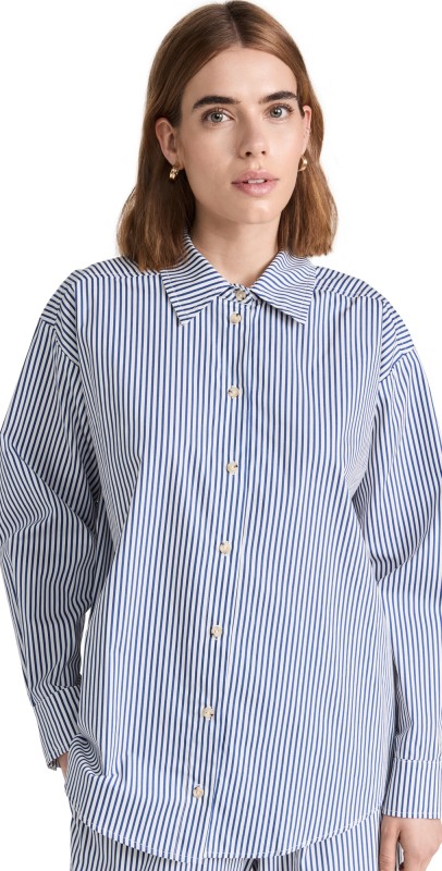 DONNI. Pop Button Down Navy Stripe