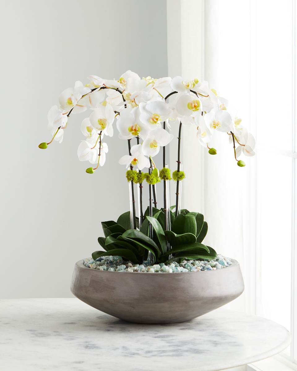 Concrete Bowl Filled with Flourite & White Orchids