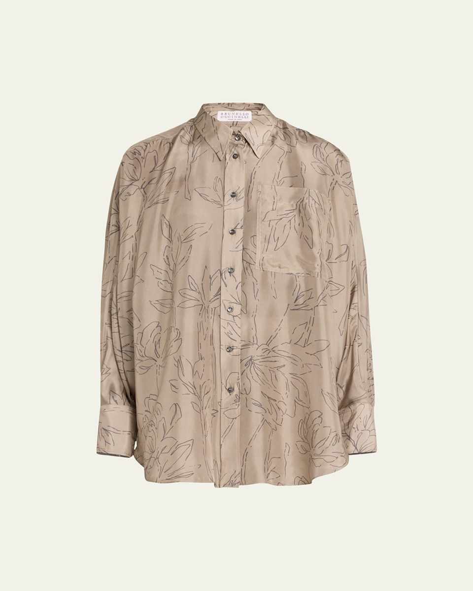 Oversize Magnolia Outline Button-Front Blouse