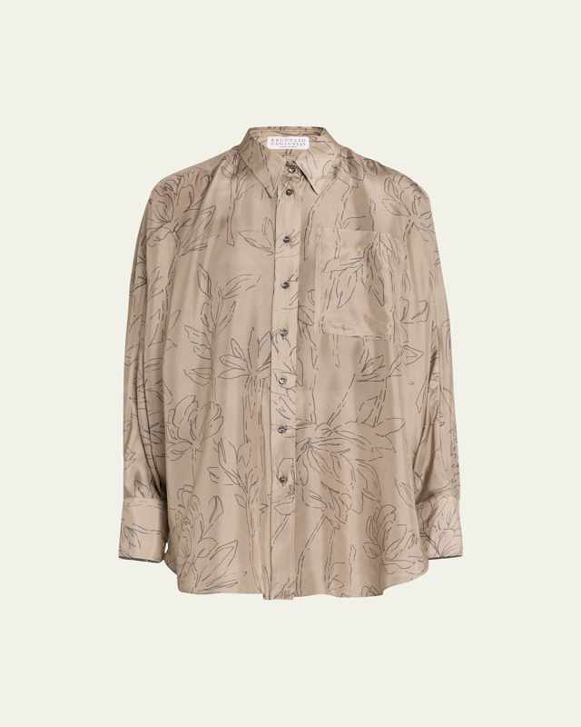 Oversize Magnolia Outline Button-Front Blouse