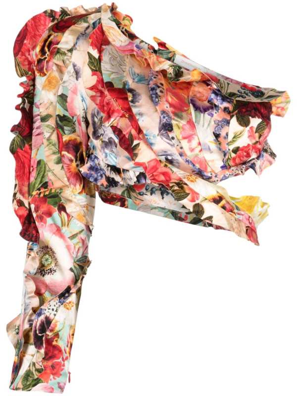 one-shoulder floral-print blouse