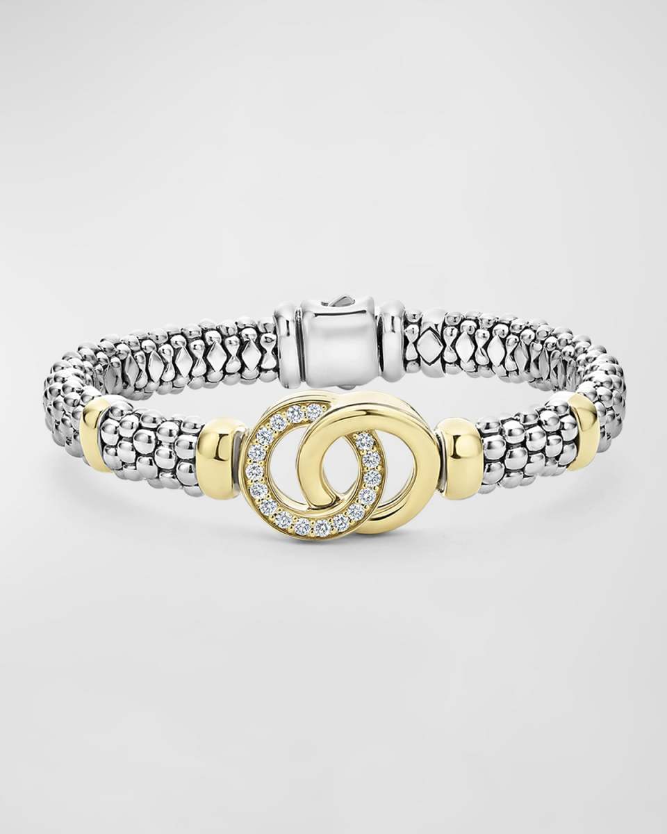 Sterling Silver 18K Signature Caviar Bracelet with Diamonds, 9mm