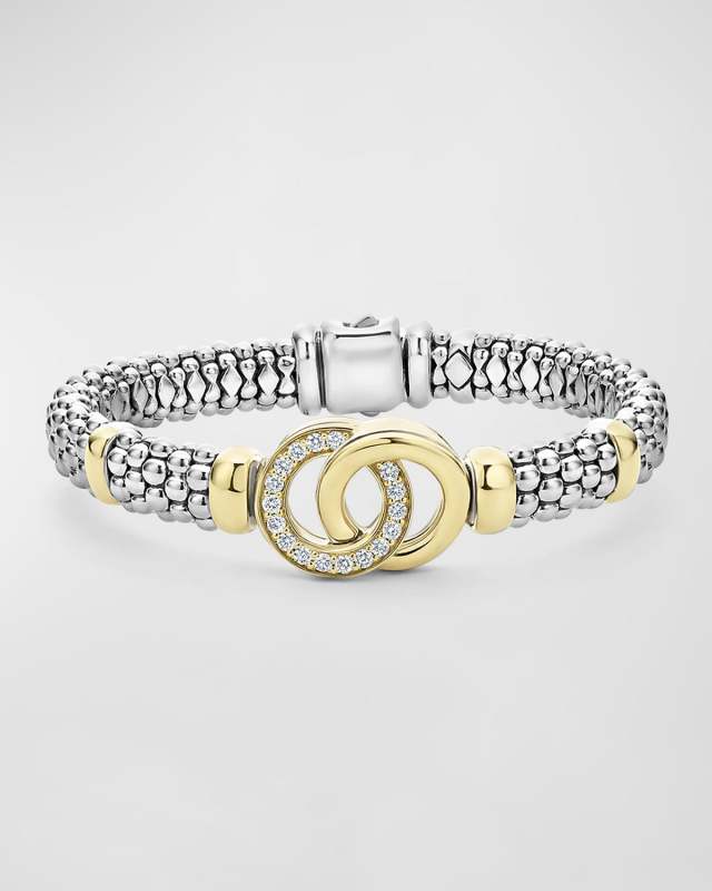 Sterling Silver 18K Signature Caviar Bracelet with Diamonds, 9mm