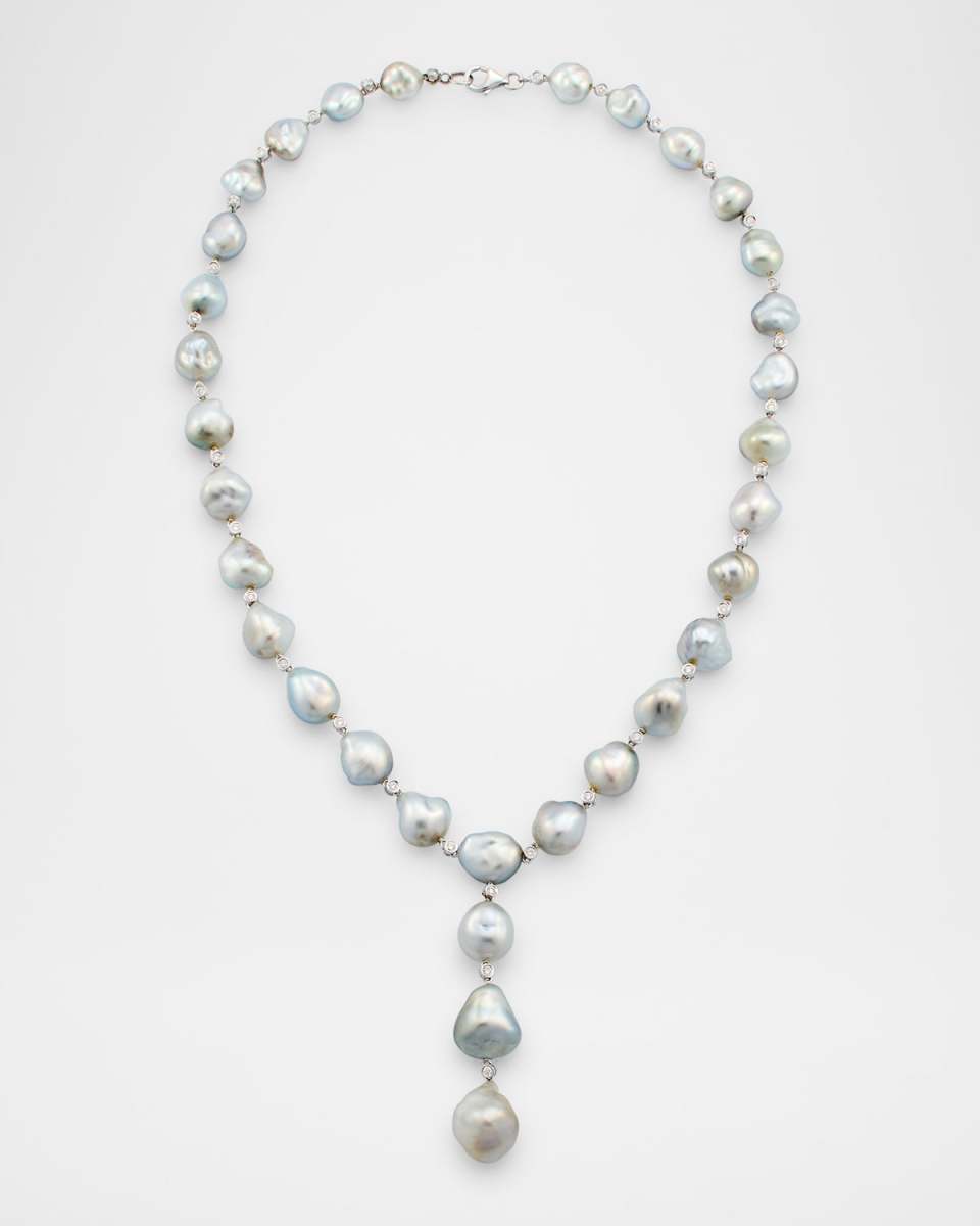 18K White Gold Tahitian Pearl Lariat Necklace with Diamonds, 18"L