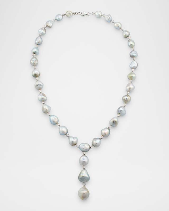 18K White Gold Tahitian Pearl Lariat Necklace with Diamonds, 18"L