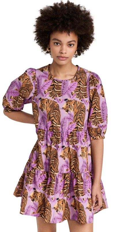 FARM Rio Tiger Leaves Lavender Puff Sleeve Mini Dress Tiger Leaves Lavander