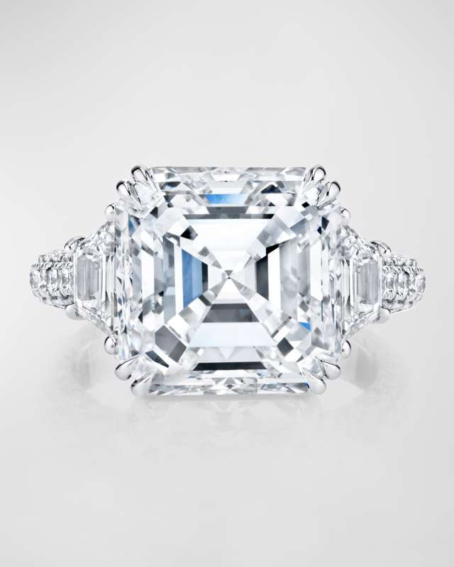 Platinum 3 Stone Ring with Asscher Cut Diamond, Trapezoid Sides and 4 Sided Diamond Micro Infinity Pave, Size 6.5, 20.22tcw