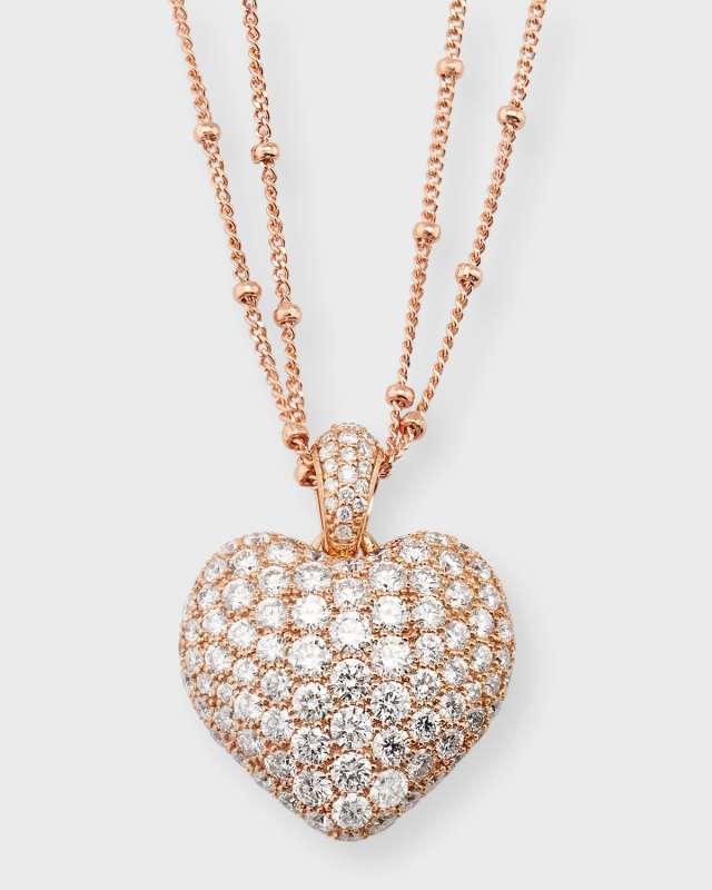 18K Rose Gold Small Pave Diamond Heart Pendant on 18" Double Chain, 2.8tcw