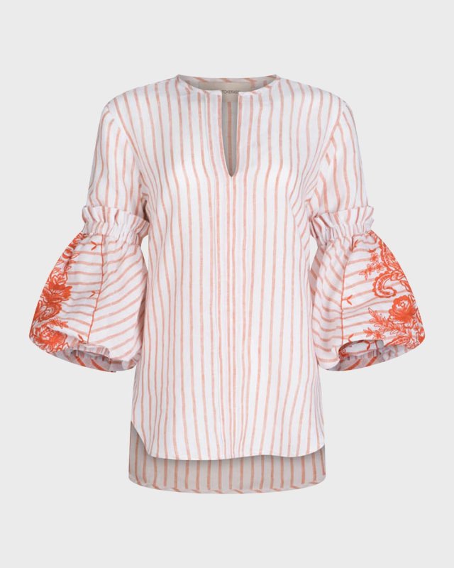 Lucaya Embroidered Puff-Sleeve Striped Linen Blous