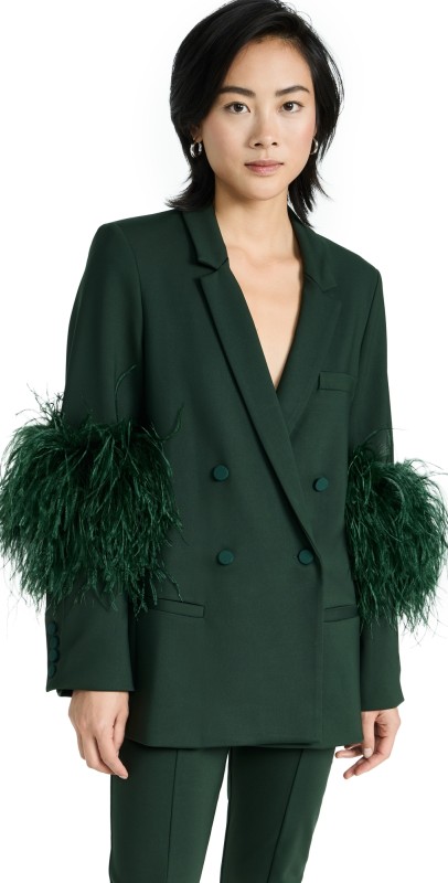LAPOINTE Stretch Scuba Double Breasted Blazer with Ostrich Feathers Forest