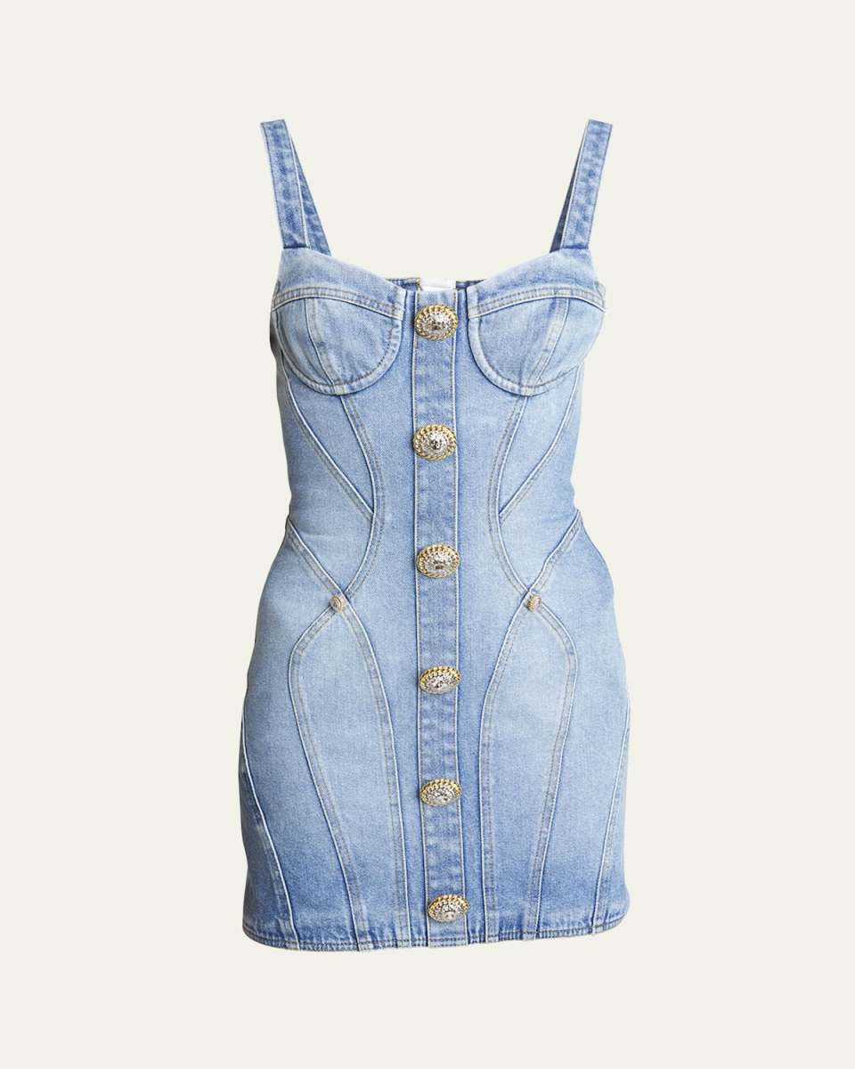 Seamed Denim Mini Dress with Button Detail