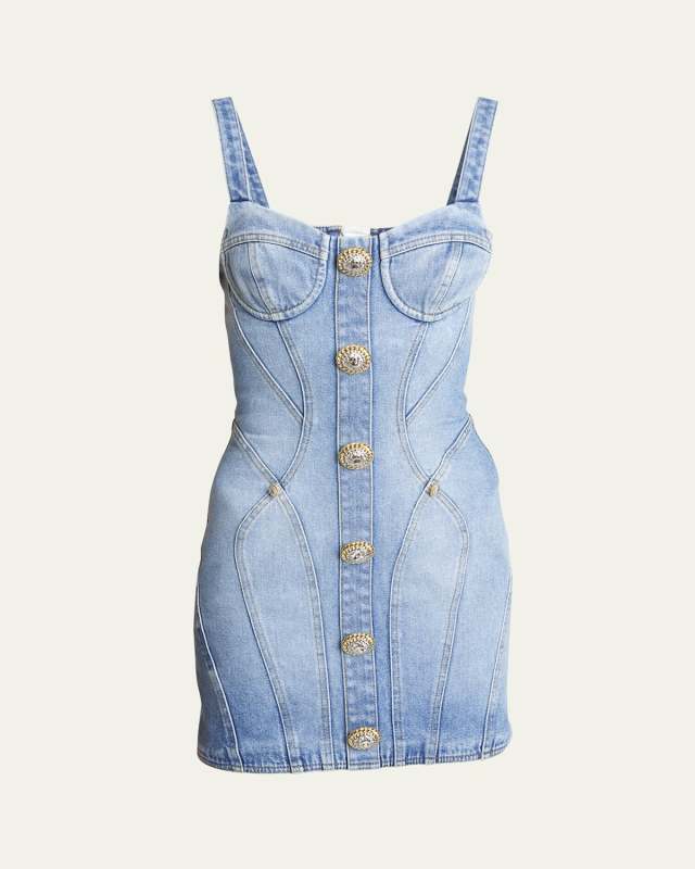 Seamed Denim Mini Dress with Button Detail