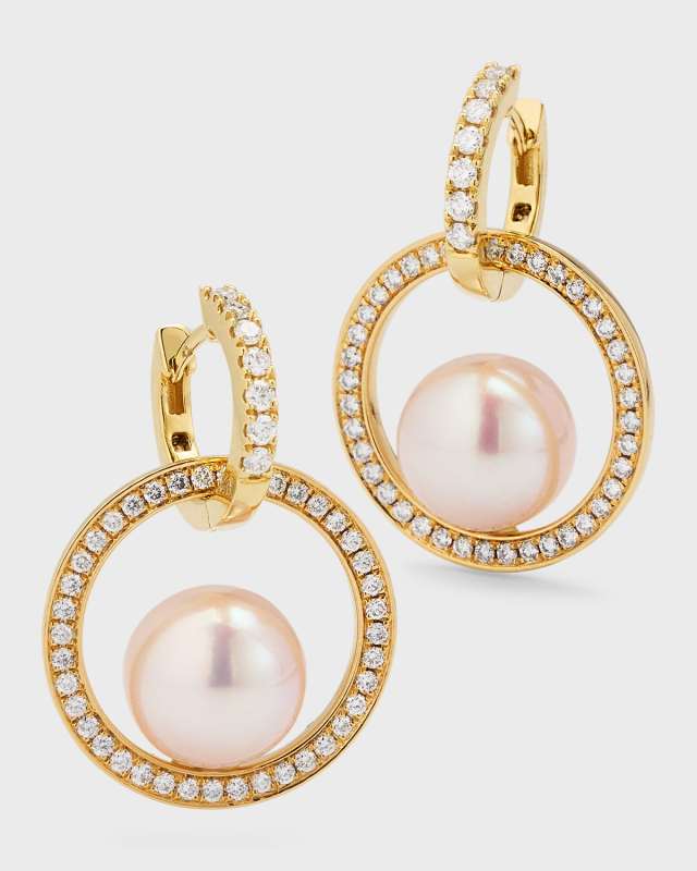 18K Yellow Gold Akoya Pearl and Diamond Double Hoop Earrings, 9mm
