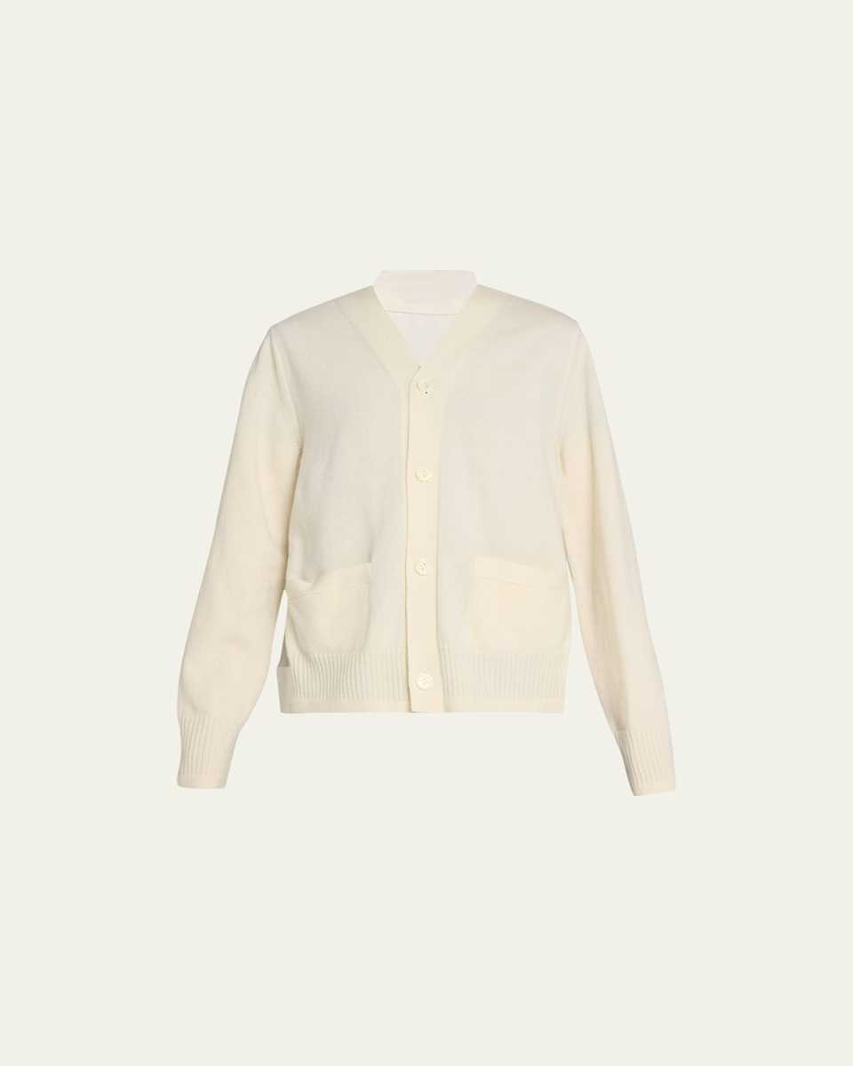 Pleated-Back Wool Button Down Cardigan