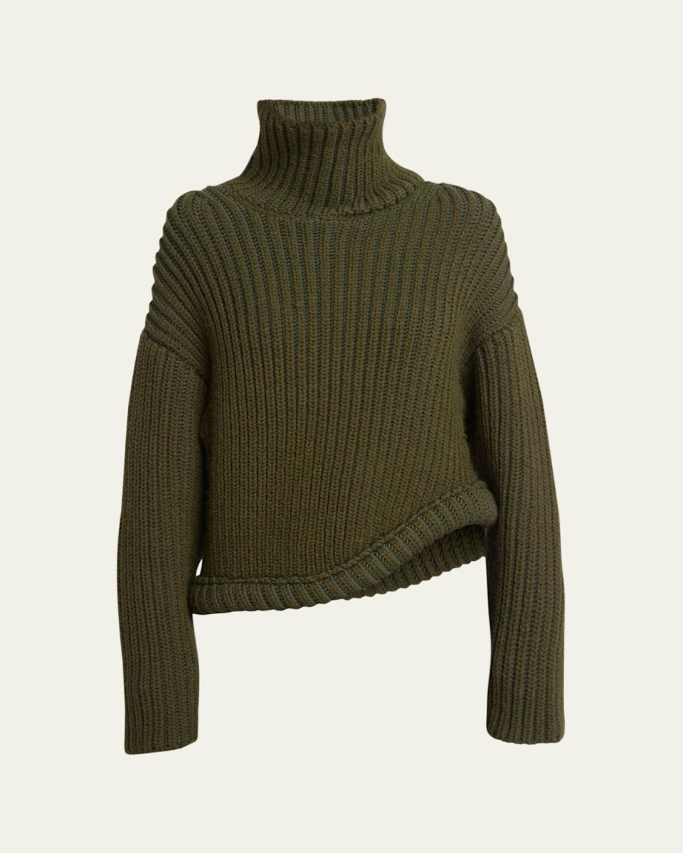High-Neck Ribbed Asymmetric Wool Sweat