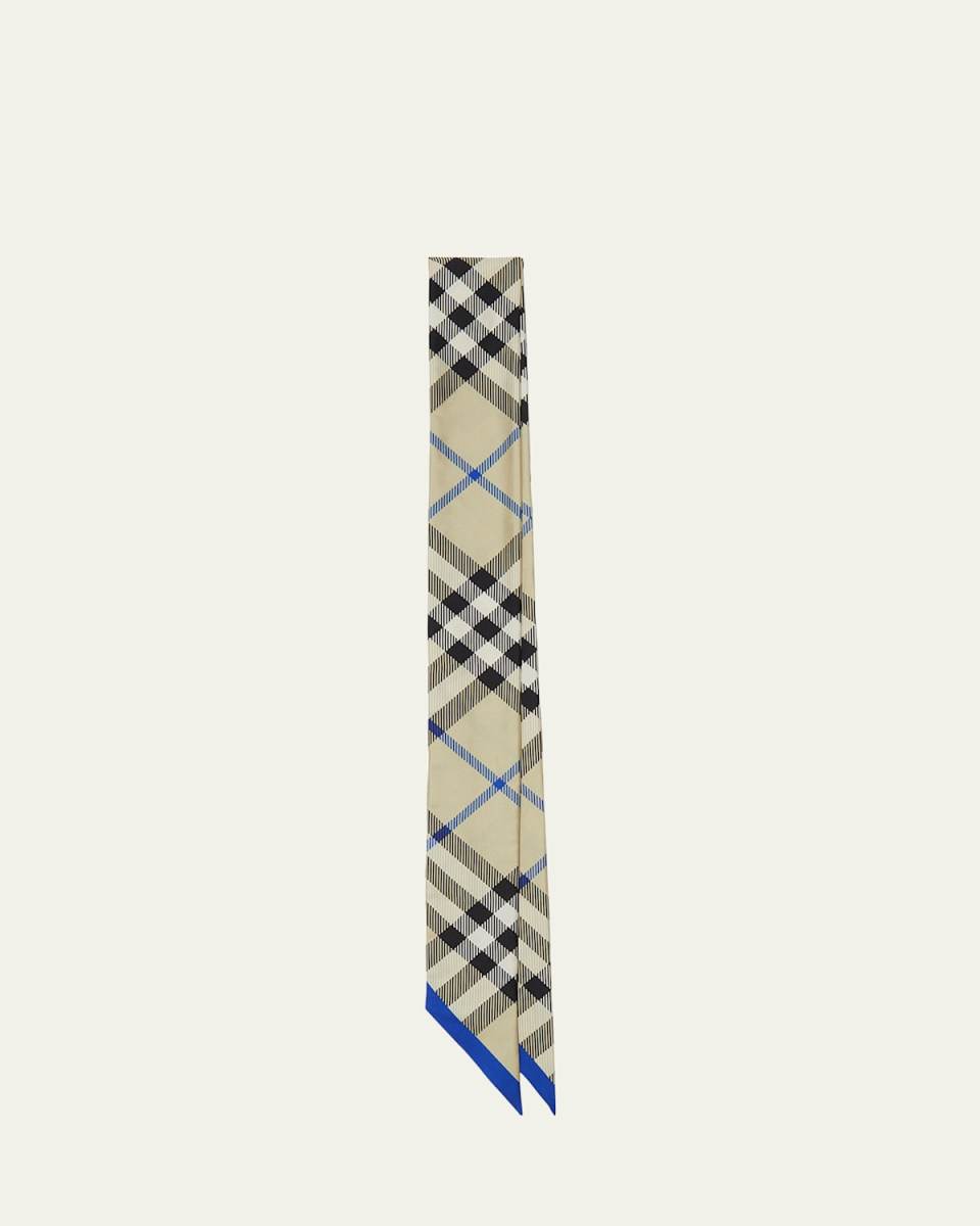 Blue Check Print Silk Twill Skinny Scarf