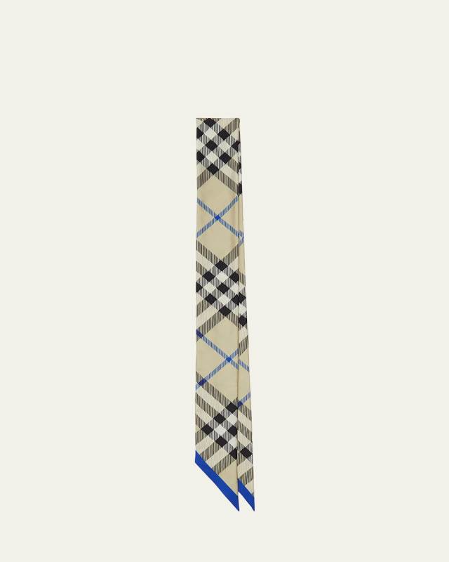 Blue Check Print Silk Twill Skinny Scarf