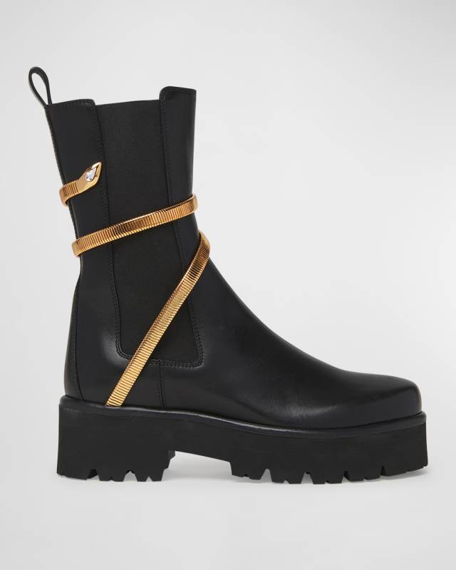 Cleo Leather Snake-Wrap Chelsea Booties