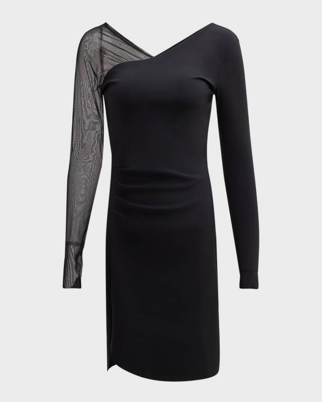 Pleated Sheer-Sleeve Bodycon Mini Dress